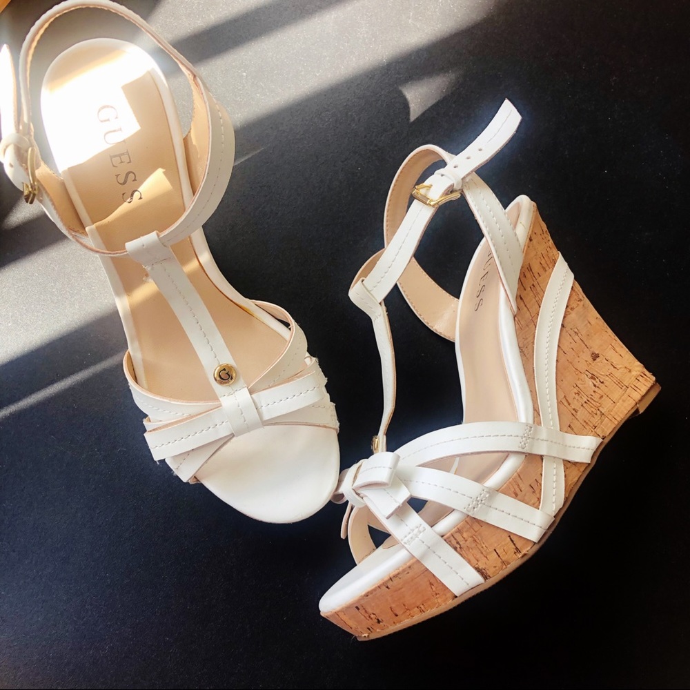 GUESS white bow wedge platform strap sandals 7M
